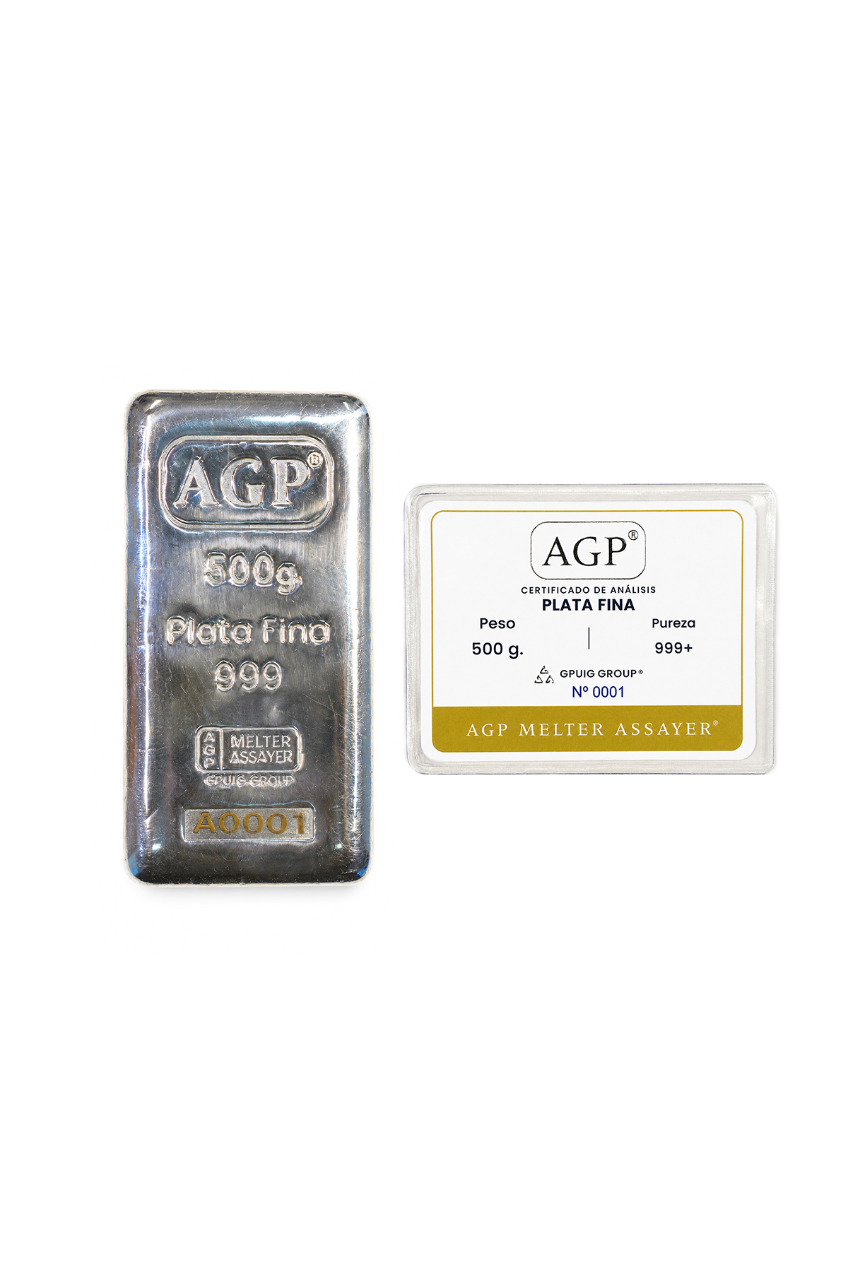 Lingote AGP Plata 500g - frente con certificado