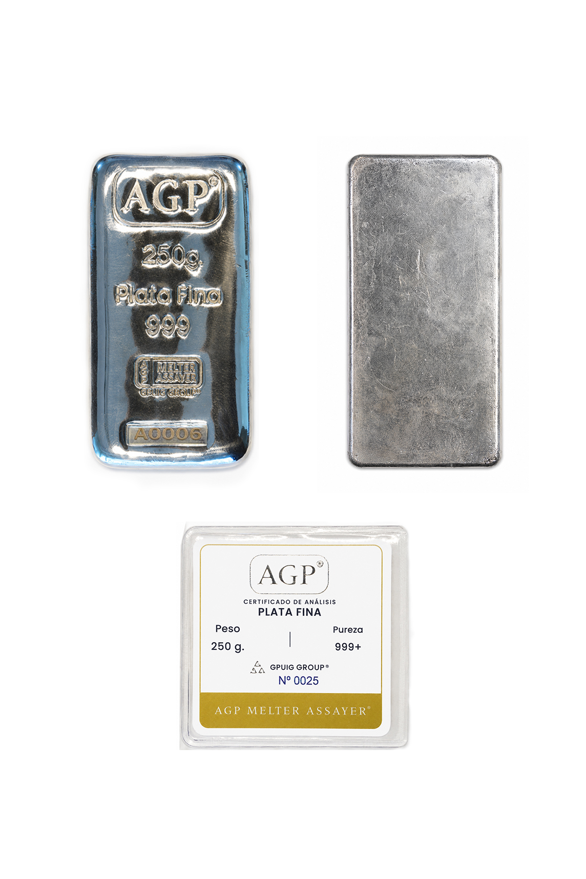 Lingote AGP Plata 250g - frente, dorso y certificado